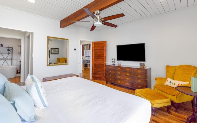 bedroom with beamed ceiling, ceiling fan, wood ceiling, and light wood-type flooring