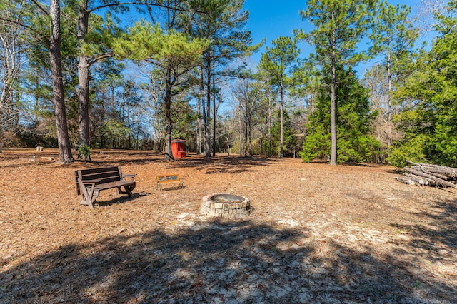 view of yard featuring an outdoor fire pit