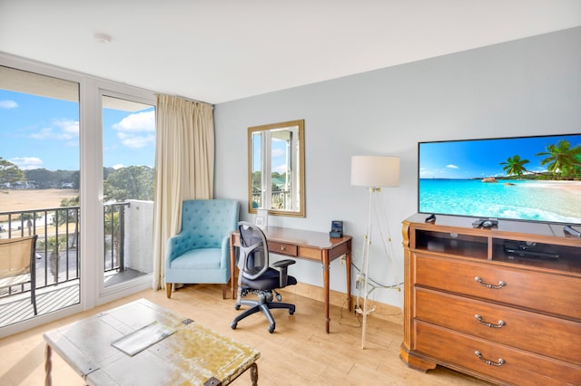 office space with expansive windows and light hardwood / wood-style flooring