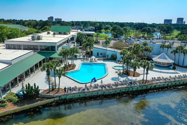 birds eye view of property featuring a water view