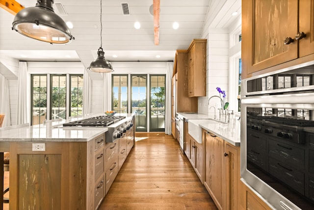 kitchen featuring sink, stainless steel appliances, light stone counters, light hardwood / wood-style floors, and decorative light fixtures