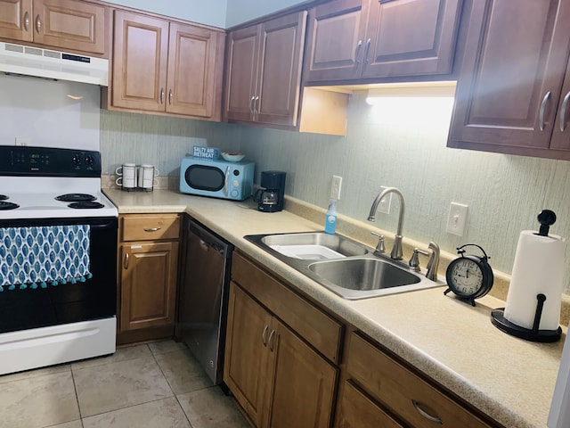 kitchen featuring sink, range with electric cooktop, black dishwasher, and light tile patterned flooring