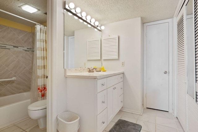 909 Santa Rosa Blvd Unit 329, Fort Walton Beach, FL 32548 - full bathroom featuring vanity, a textured ceiling, toilet, and shower / tub combo with curtain