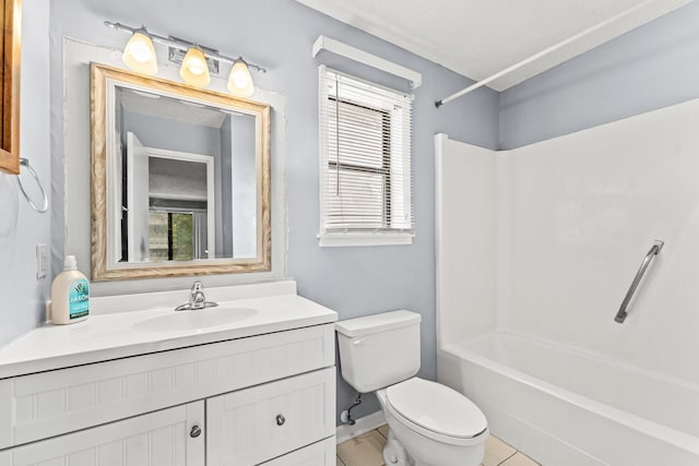 full bathroom featuring vanity,  shower combination, toilet, and a healthy amount of sunlight