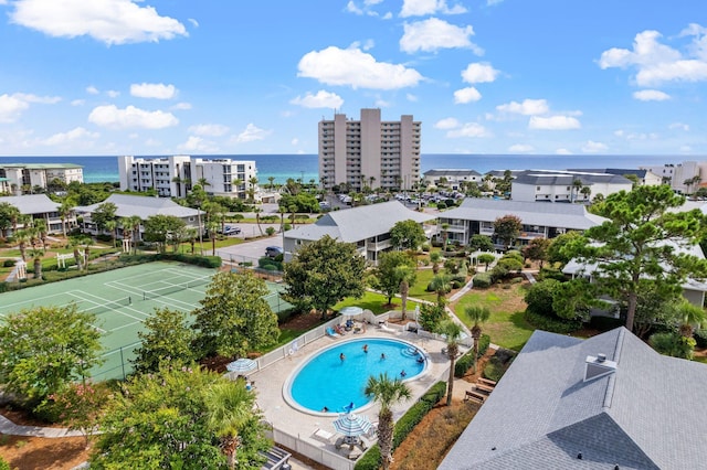 birds eye view of property featuring a water view