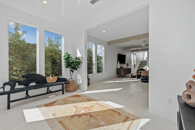 interior space featuring stairs, visible vents, beamed ceiling, and recessed lighting