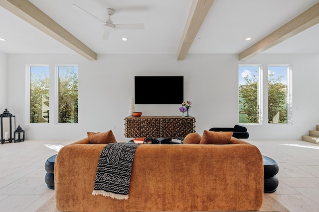 living room with a ceiling fan, recessed lighting, beam ceiling, and stairway