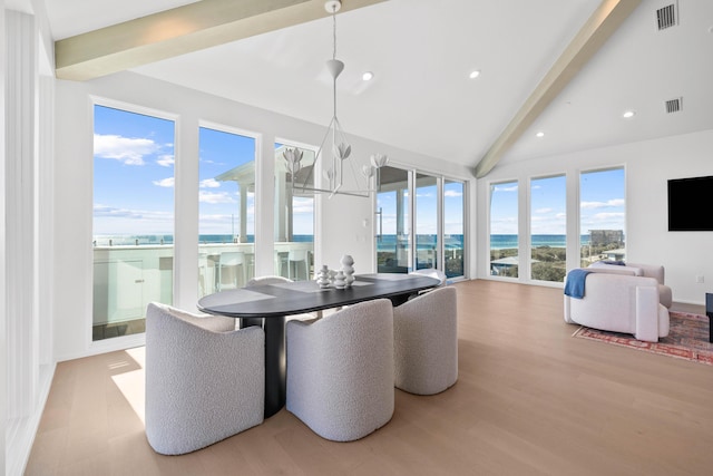 dining area with recessed lighting, visible vents, vaulted ceiling with beams, and light wood finished floors