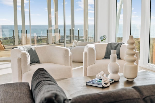 living room featuring a healthy amount of sunlight and a water view