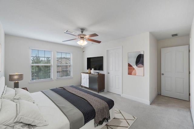 8872 White Ibis Way, Navarre, FL 32566 - bedroom featuring light colored carpet, baseboards, visible vents, and a ceiling fan