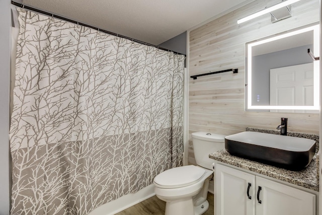 bathroom featuring vanity, wooden walls, and toilet