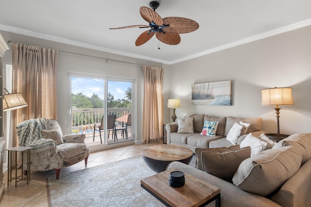 tiled living room with crown molding and ceiling fan