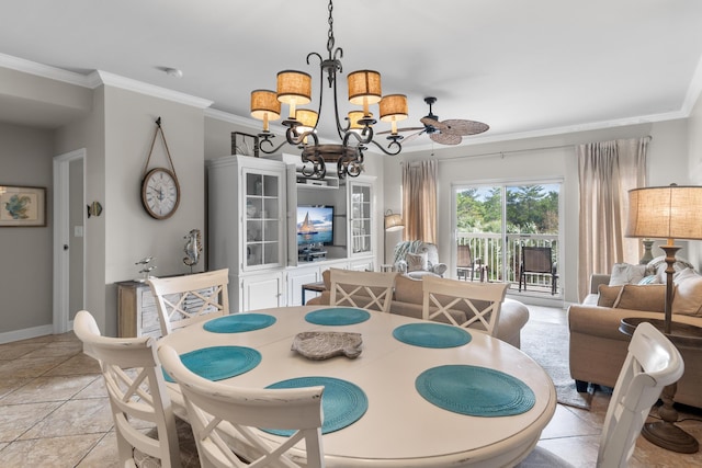 tiled dining space with crown molding and ceiling fan with notable chandelier