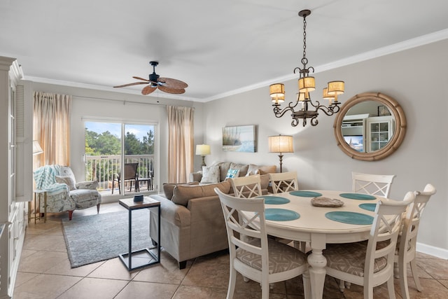 dining room featuring ornamental molding, ceiling fan with notable chandelier, and light tile patterned floors