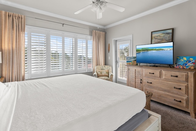 carpeted bedroom with access to exterior, crown molding, and ceiling fan