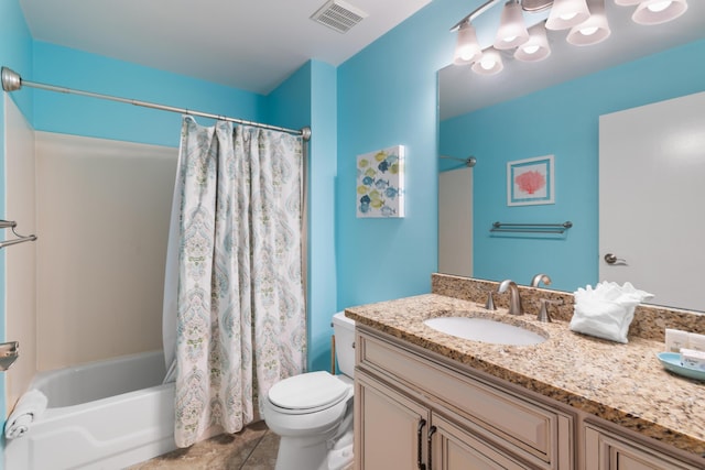 full bathroom with vanity, shower / tub combo with curtain, tile patterned floors, and toilet