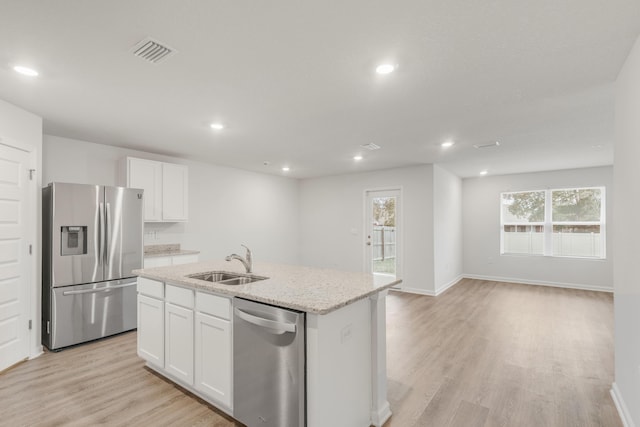 kitchen with sink, appliances with stainless steel finishes, white cabinetry, light stone counters, and a center island with sink
