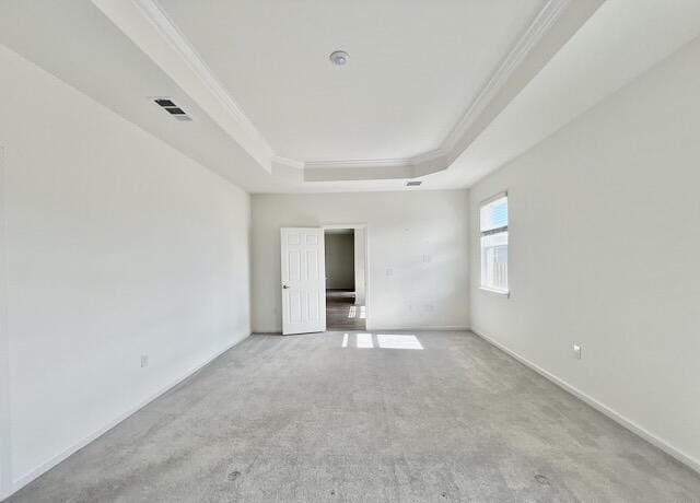 spare room with a raised ceiling, ornamental molding, and light carpet