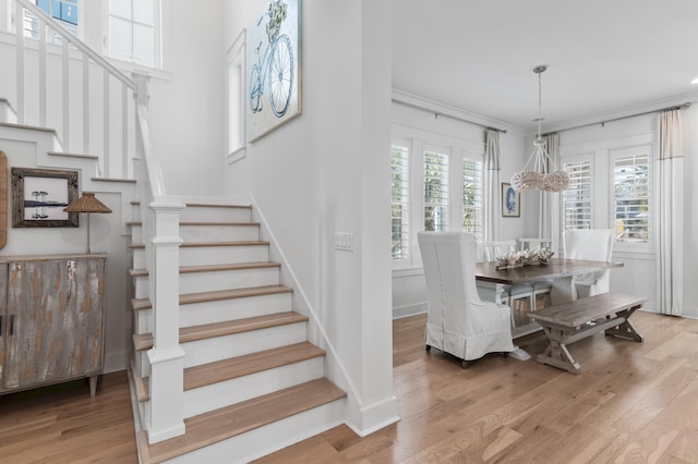 dining space featuring crown molding and light wood-type flooring