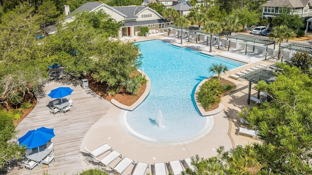 view of pool featuring a pergola and a patio