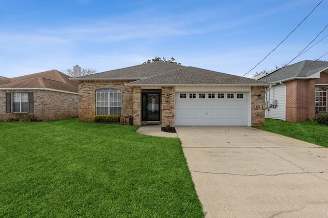 ranch-style home with a garage and a front yard