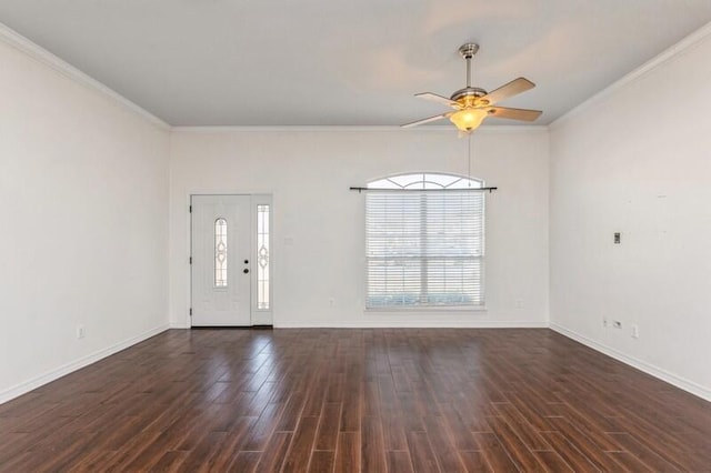 entrance foyer with crown molding, dark wood-type flooring, and ceiling fan