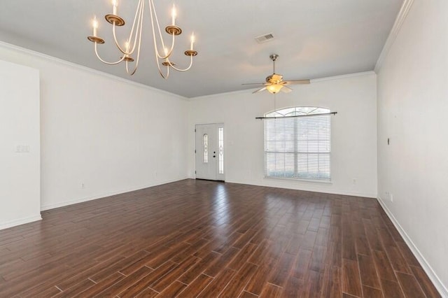 interior space with ornamental molding, dark hardwood / wood-style floors, and ceiling fan with notable chandelier