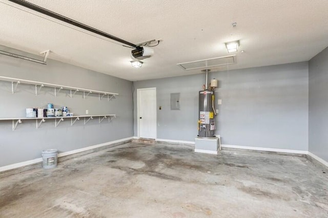 garage with a garage door opener, electric panel, and water heater