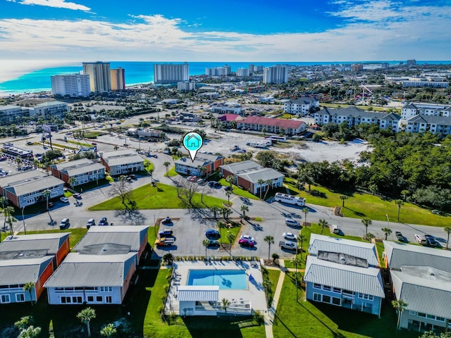 drone / aerial view featuring a water view