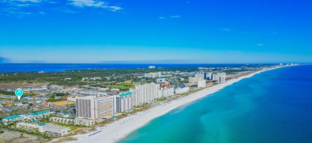 aerial view featuring a view of the beach and a water view