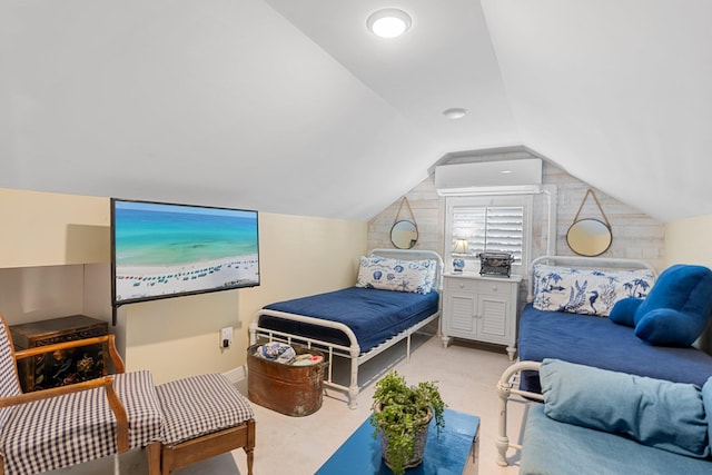 carpeted bedroom with lofted ceiling