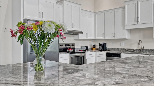 kitchen with light stone countertops, appliances with stainless steel finishes, sink, and white cabinets