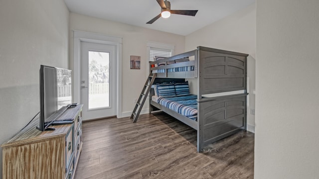 bedroom featuring dark wood-type flooring and ceiling fan