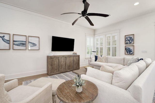 living room with ornamental molding, ceiling fan, and light hardwood / wood-style floors