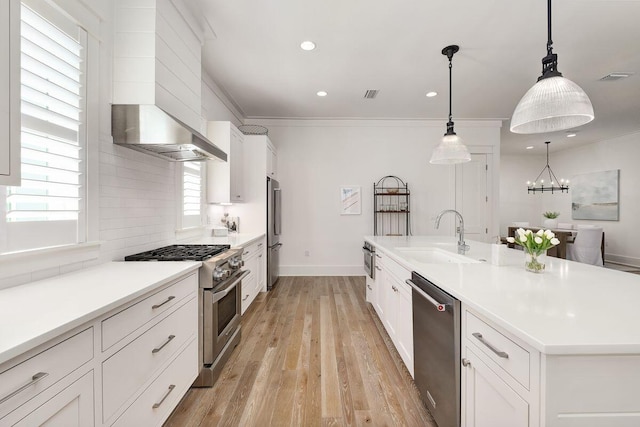 kitchen featuring pendant lighting, sink, high end appliances, white cabinets, and a center island with sink