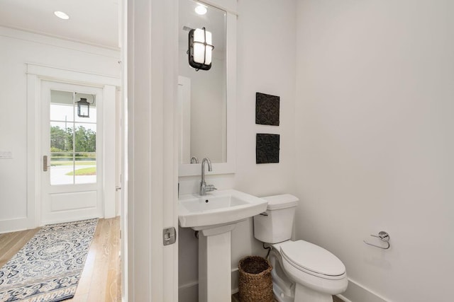 bathroom featuring sink, wood-type flooring, and toilet