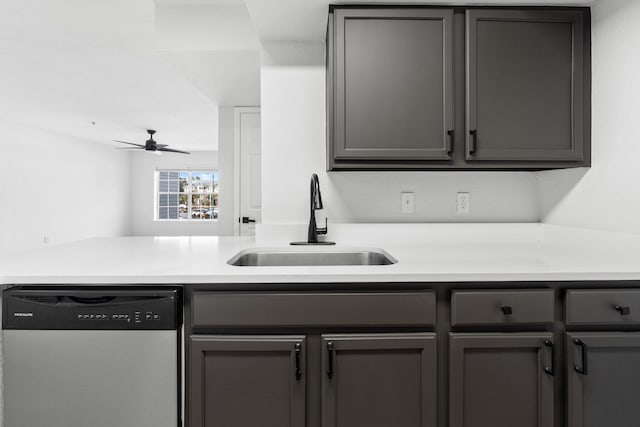 kitchen featuring gray cabinets, sink, stainless steel dishwasher, ceiling fan, and kitchen peninsula