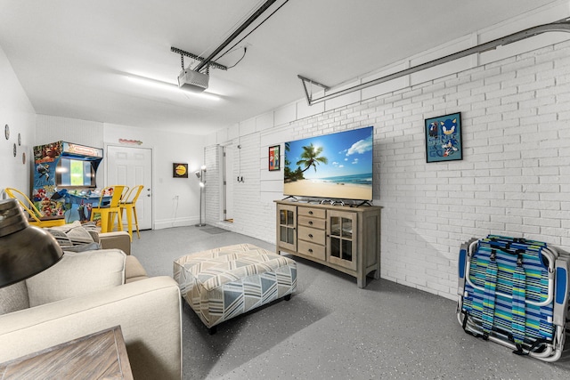 living room with brick wall