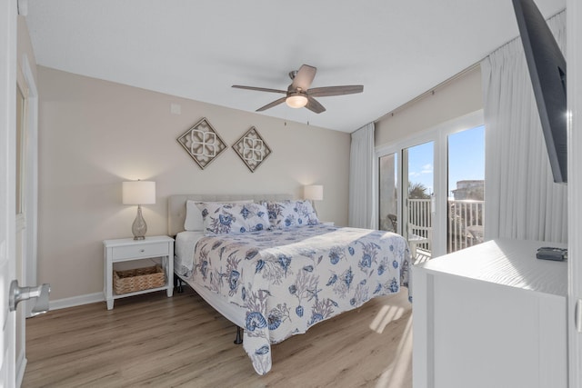 bedroom with ceiling fan, access to outside, and light hardwood / wood-style floors