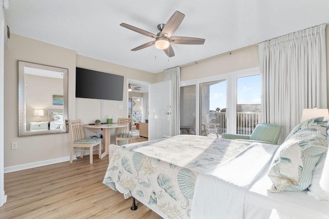 bedroom featuring ceiling fan, light wood-type flooring, and access to outside