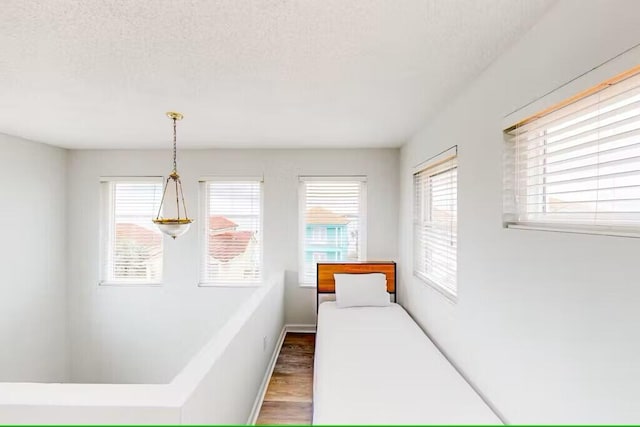 bedroom featuring dark hardwood / wood-style flooring and a textured ceiling