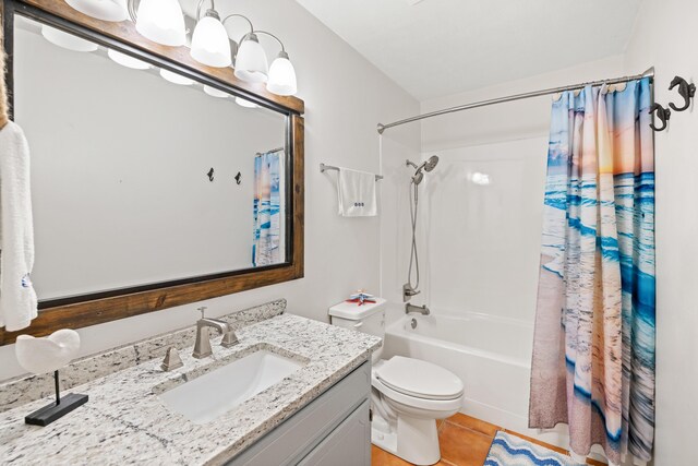 full bathroom with tile patterned flooring, shower / tub combo, vanity, a notable chandelier, and toilet