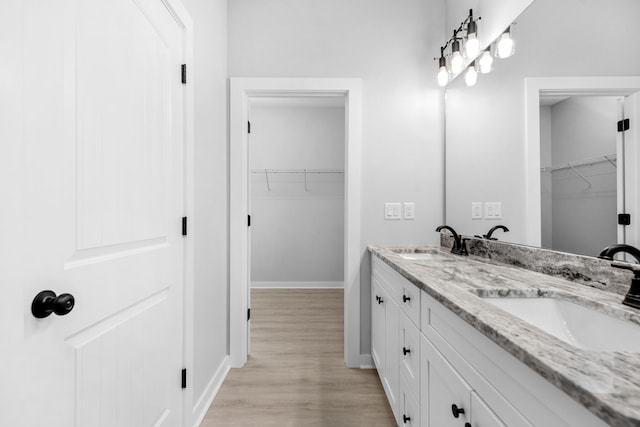 bathroom featuring a walk in closet, double vanity, a sink, and wood finished floors