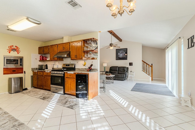 kitchen featuring open shelves, stainless steel appliances, light countertops, visible vents, and under cabinet range hood