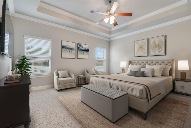 bedroom with crown molding, a raised ceiling, and ceiling fan