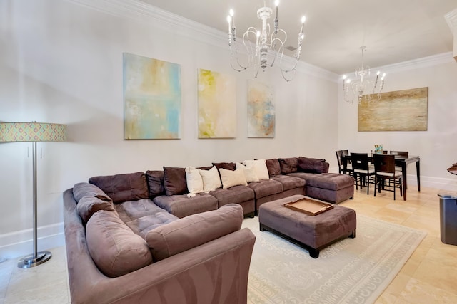 living room with crown molding and a notable chandelier