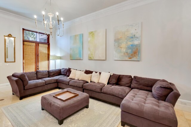 living room with an inviting chandelier and ornamental molding