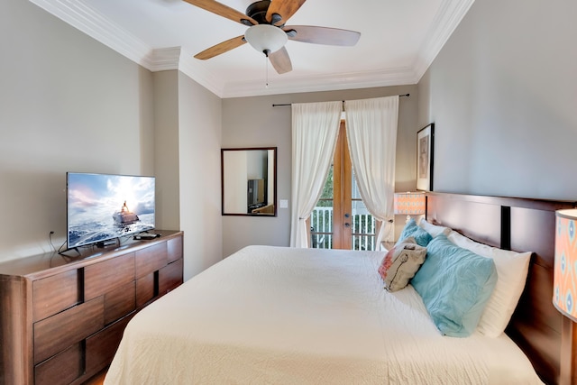 bedroom with access to exterior, ornamental molding, french doors, and ceiling fan