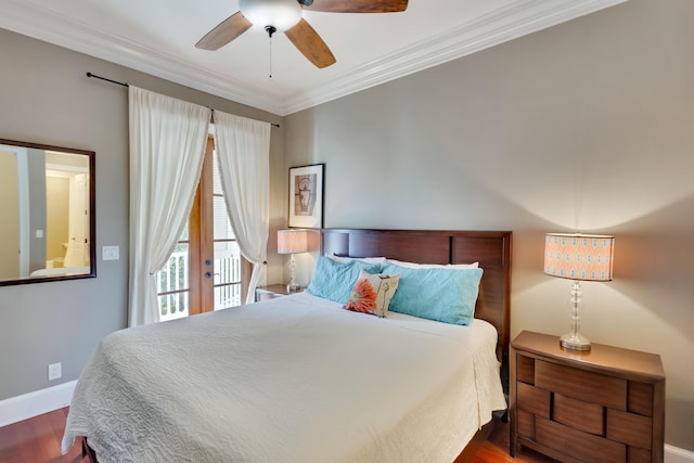 bedroom with ceiling fan, ornamental molding, and dark hardwood / wood-style flooring