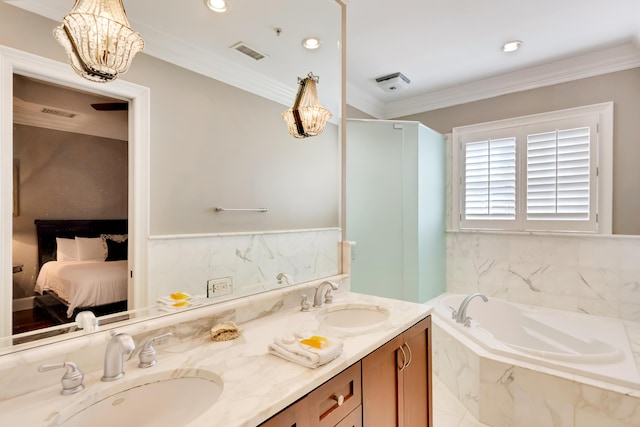 bathroom featuring an inviting chandelier, vanity, crown molding, and plus walk in shower